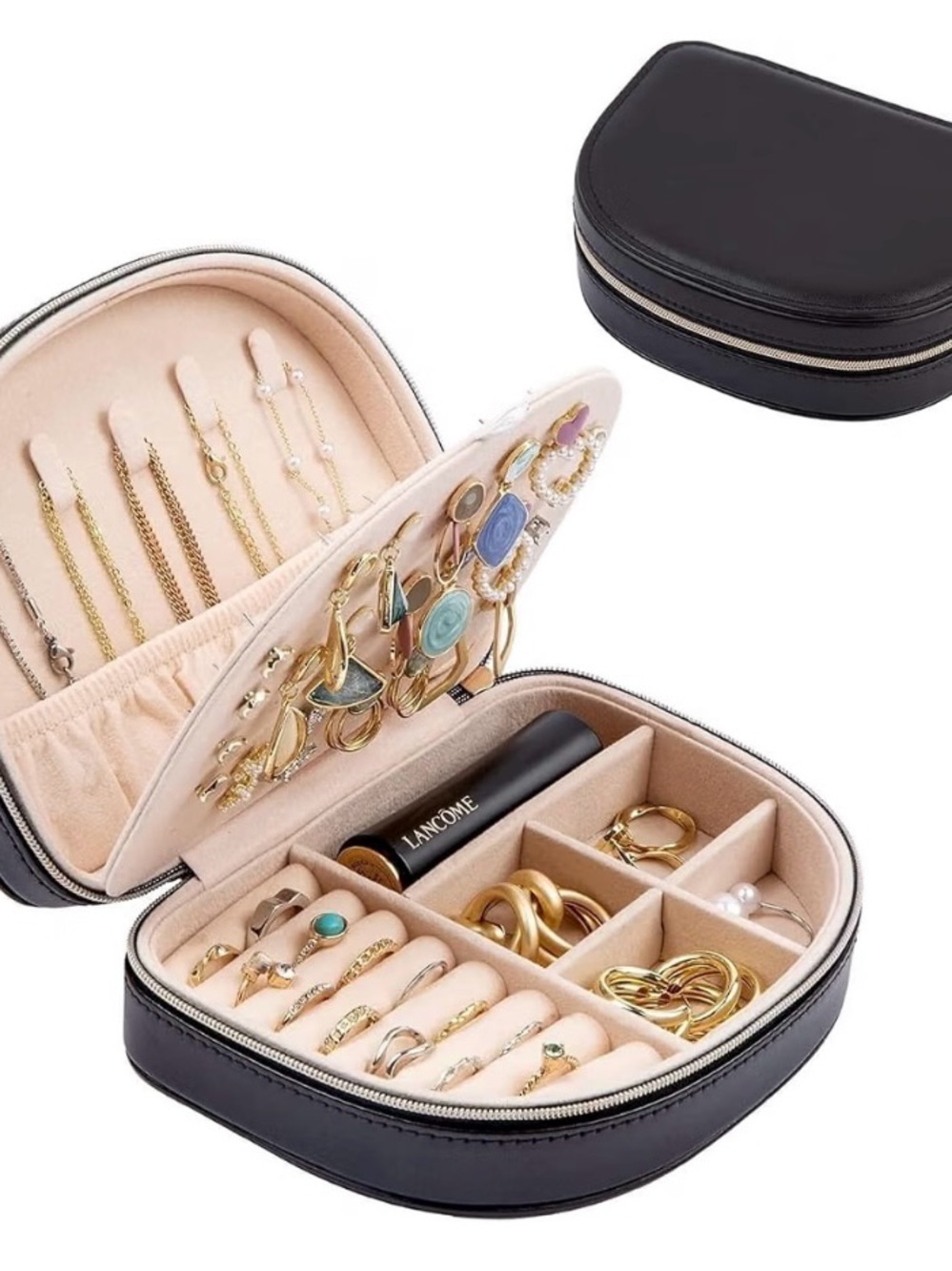 Travel Size 2 Layer Jewelry Case - Black Leather